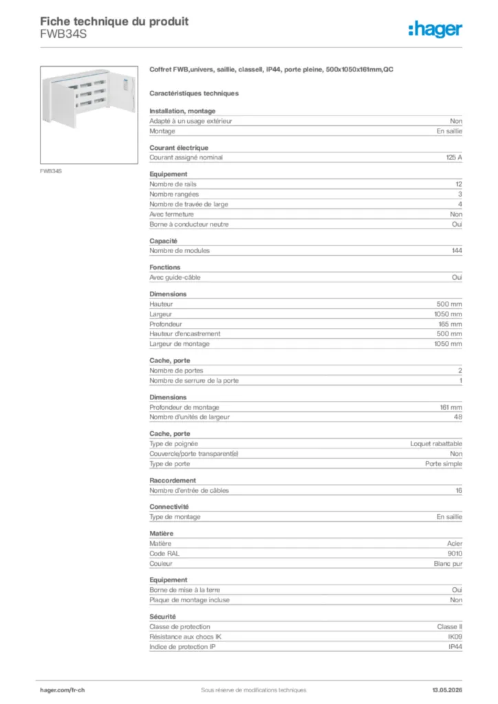Image Hager Fiche technique du produit FWB34S | Hager Suisse