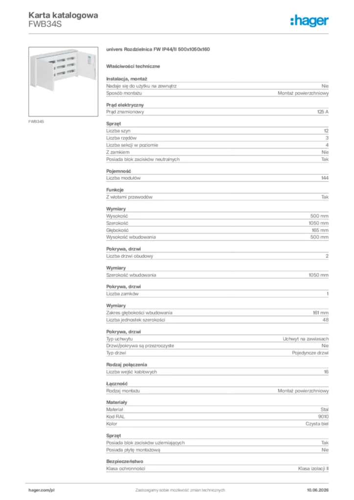 Zdjęcie Hager Karta katalogowa FWB34S | Hager Polska
