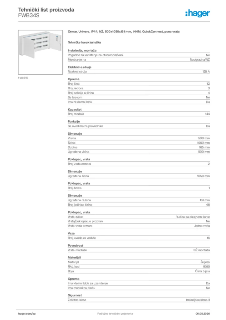 Slika Hager Tehnički list proizvoda FWB34S  | Hager