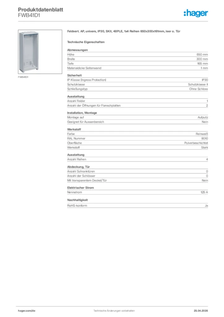 Bild Hager Produktdatenblatt FWB41D1 | Hager Deutschland