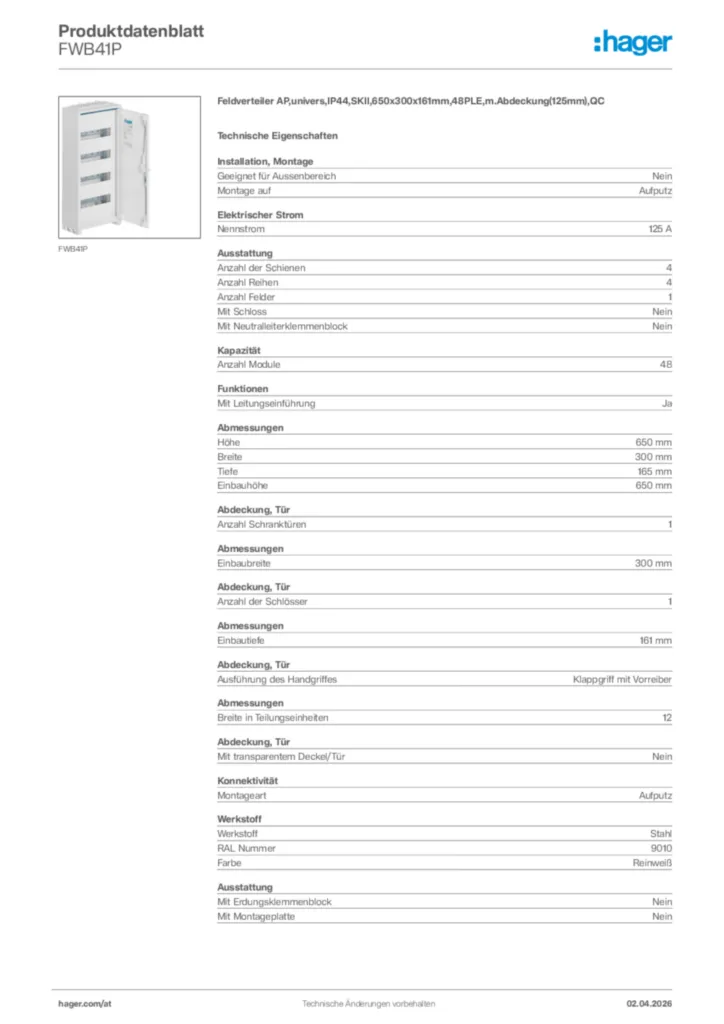 Bild Hager Produktdatenblatt FWB41P | Hager Deutschland