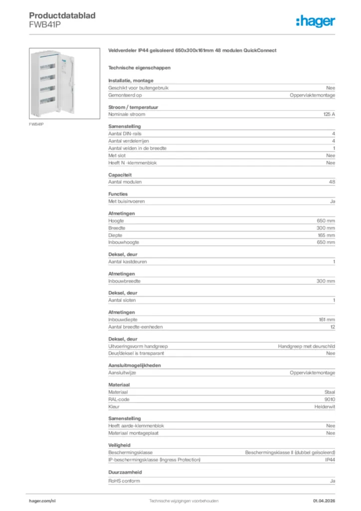 Afbeelding Hager Productdatablad FWB41P | Hager Nederland
