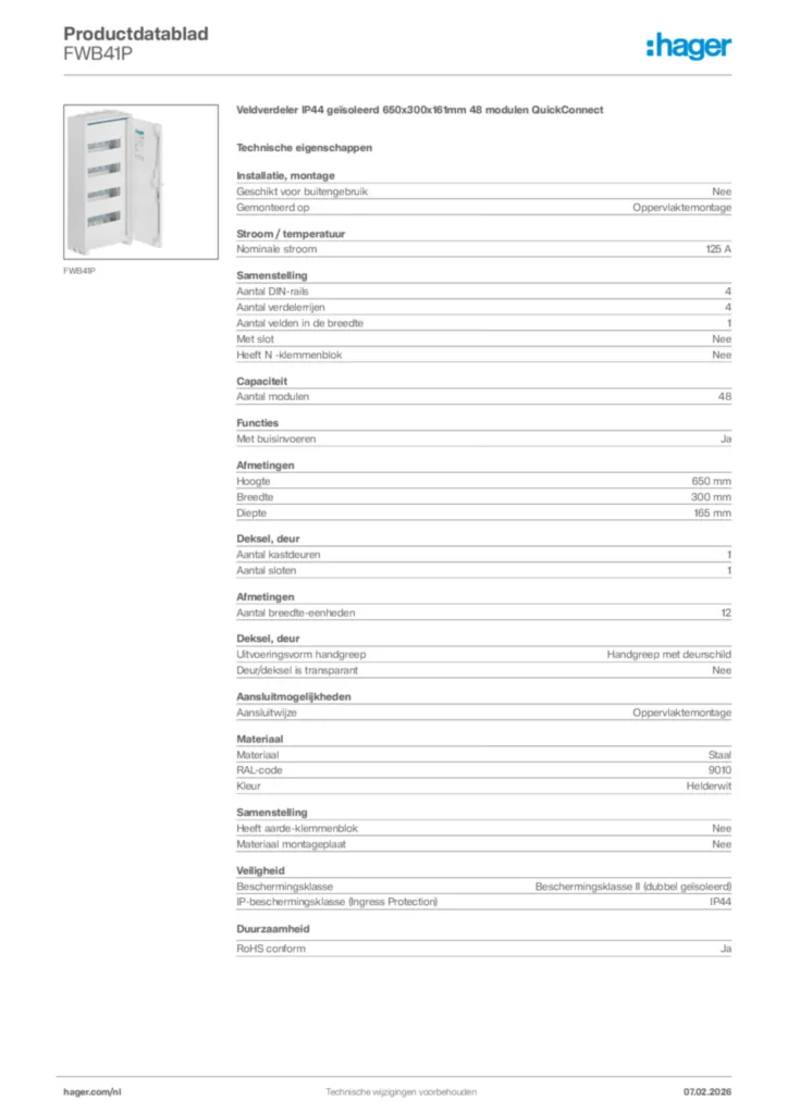 Afbeelding Hager Productdatablad FWB41P | Hager Nederland
