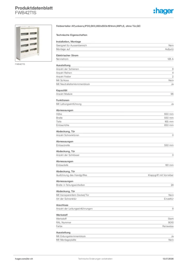 Bild Hager Produktdatenblatt FWB42T1S | Hager Schweiz