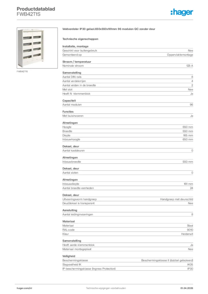 Afbeelding Hager Productdatablad FWB42T1S | Hager Nederland