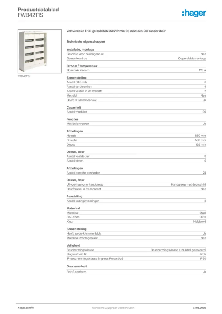 Afbeelding Hager Productdatablad FWB42T1S | Hager Nederland