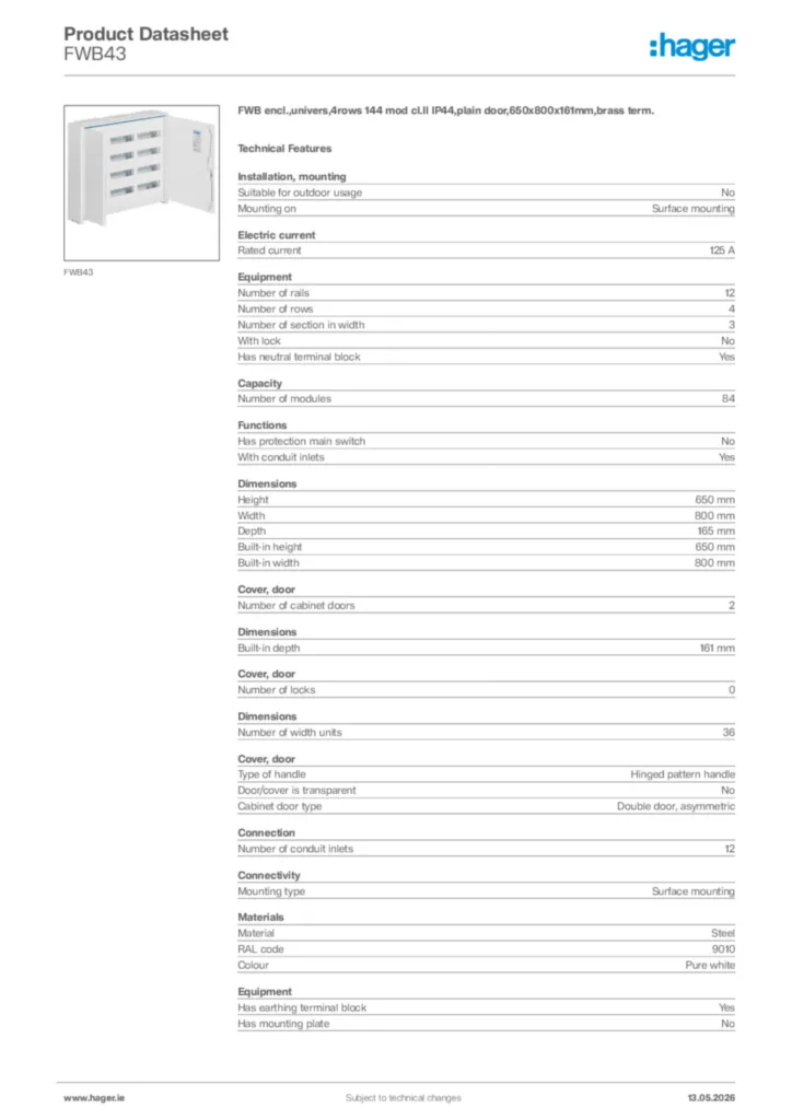 Image Hager Product data sheet FWB43  | Hager