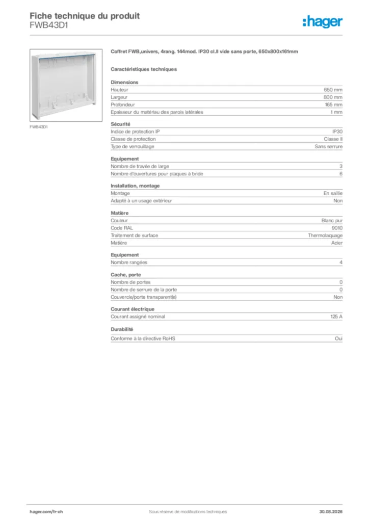 Image Hager Fiche technique du produit FWB43D1 | Hager Suisse