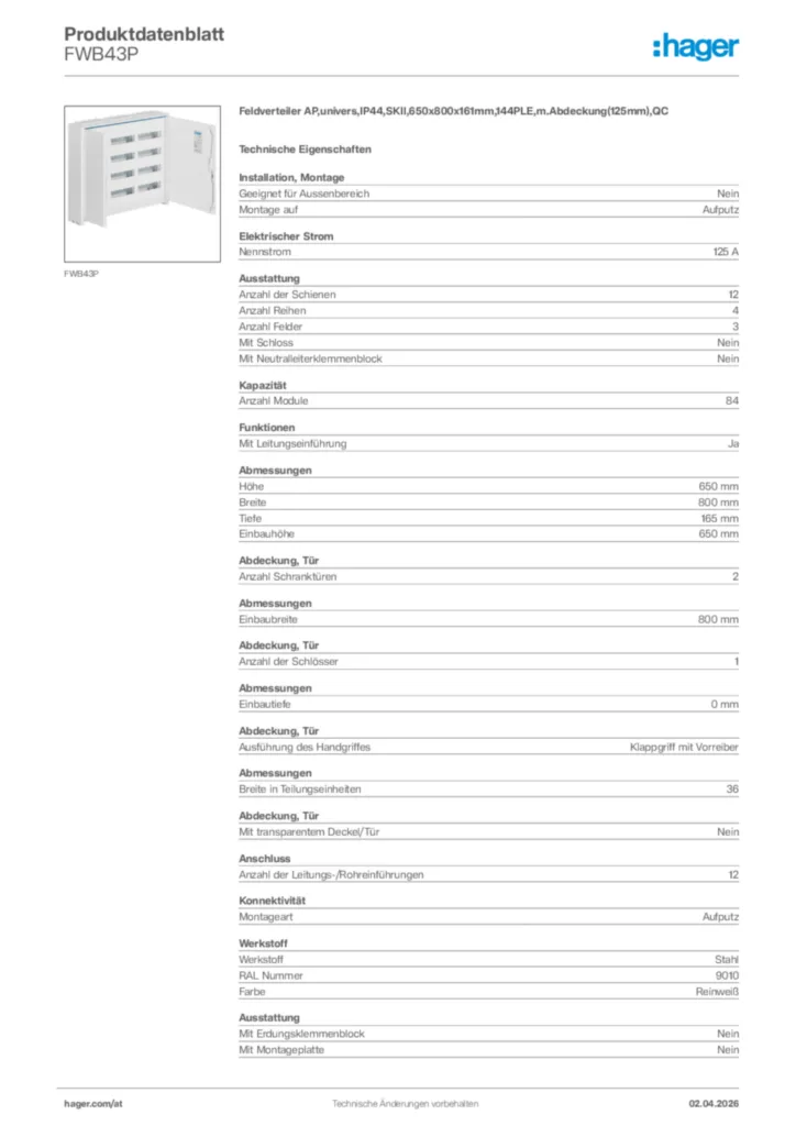 Bild Hager Produktdatenblatt FWB43P | Hager Deutschland