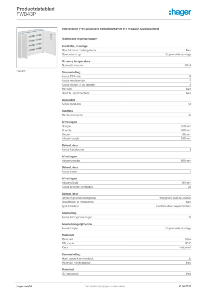 Afbeelding Hager Productdatablad FWB43P | Hager Nederland