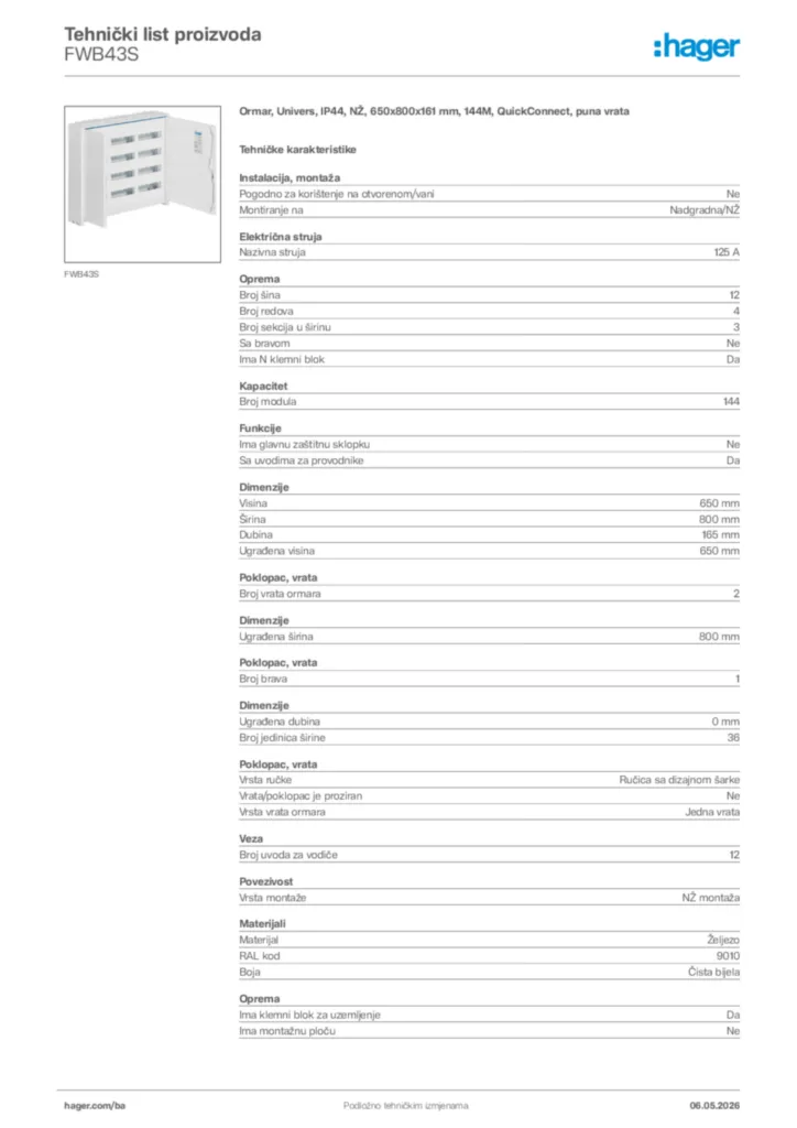 Slika Hager Tehnički list proizvoda FWB43S  | Hager