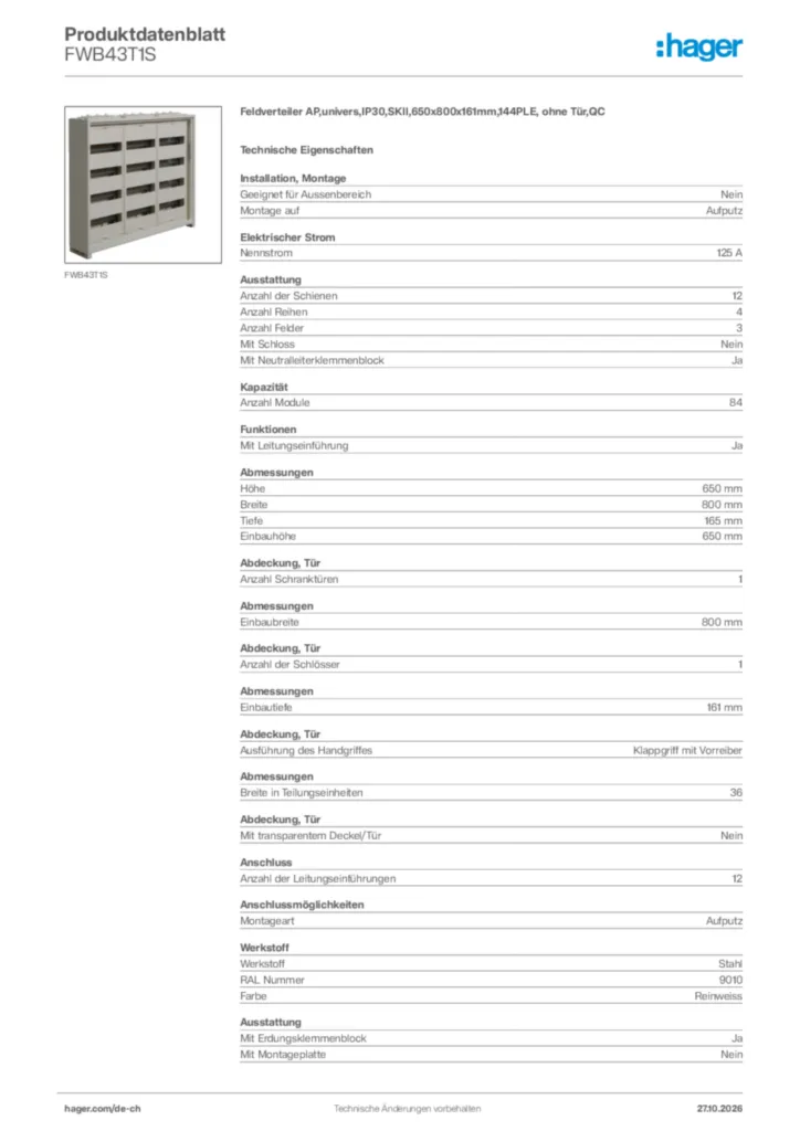 Bild Hager Produktdatenblatt FWB43T1S | Hager Schweiz