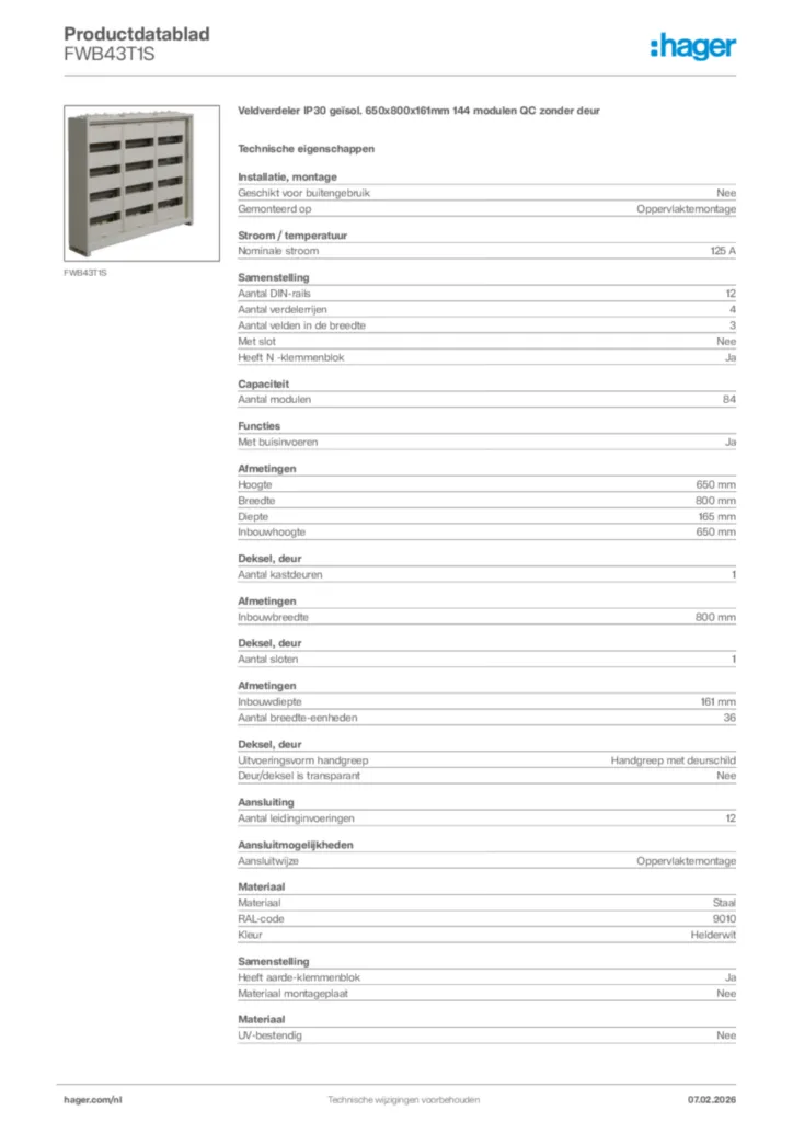 Afbeelding Hager Productdatablad FWB43T1S | Hager Nederland