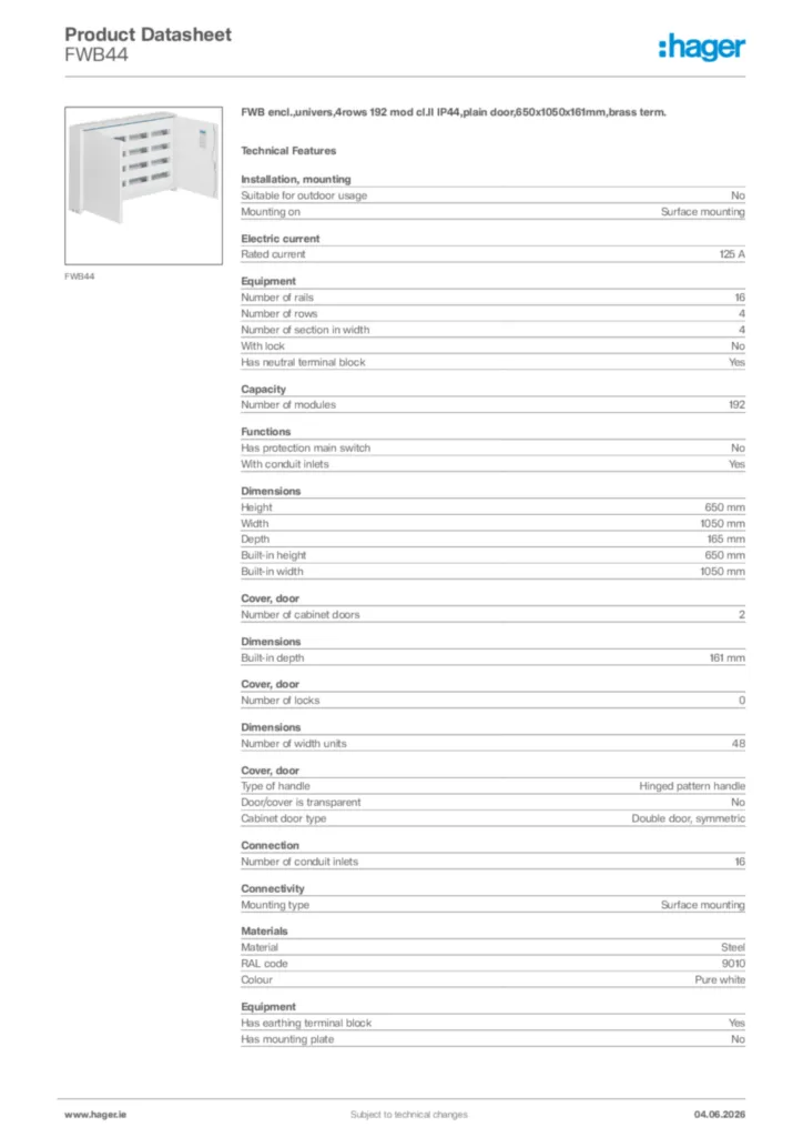 Image Hager Product data sheet FWB44  | Hager