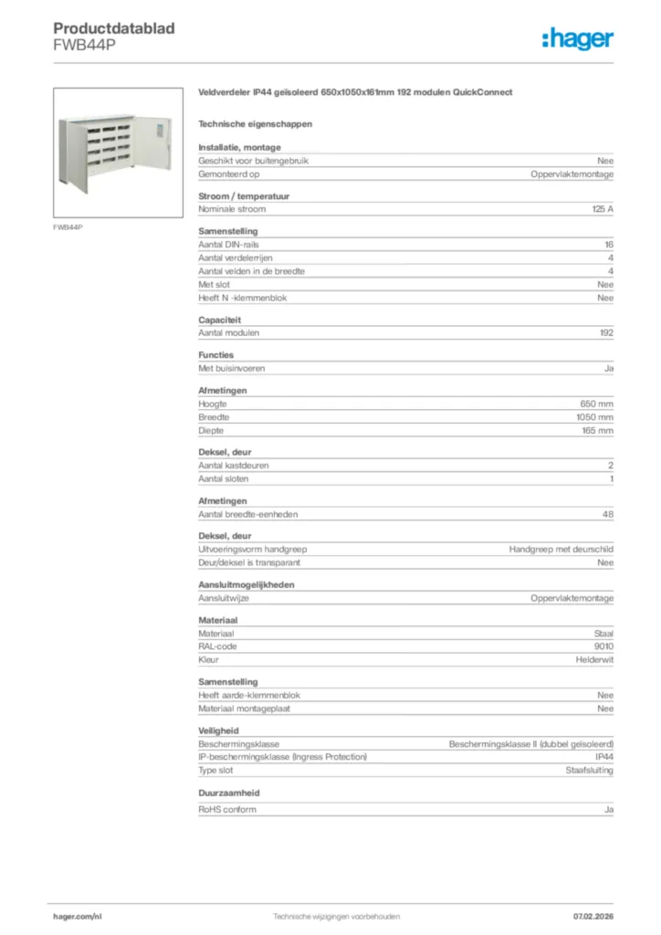 Afbeelding Hager Productdatablad FWB44P | Hager Nederland