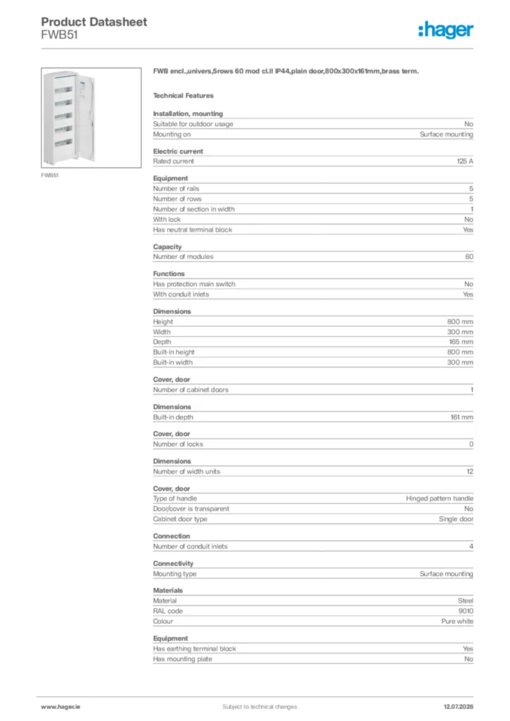 Image Hager Product data sheet FWB51  | Hager