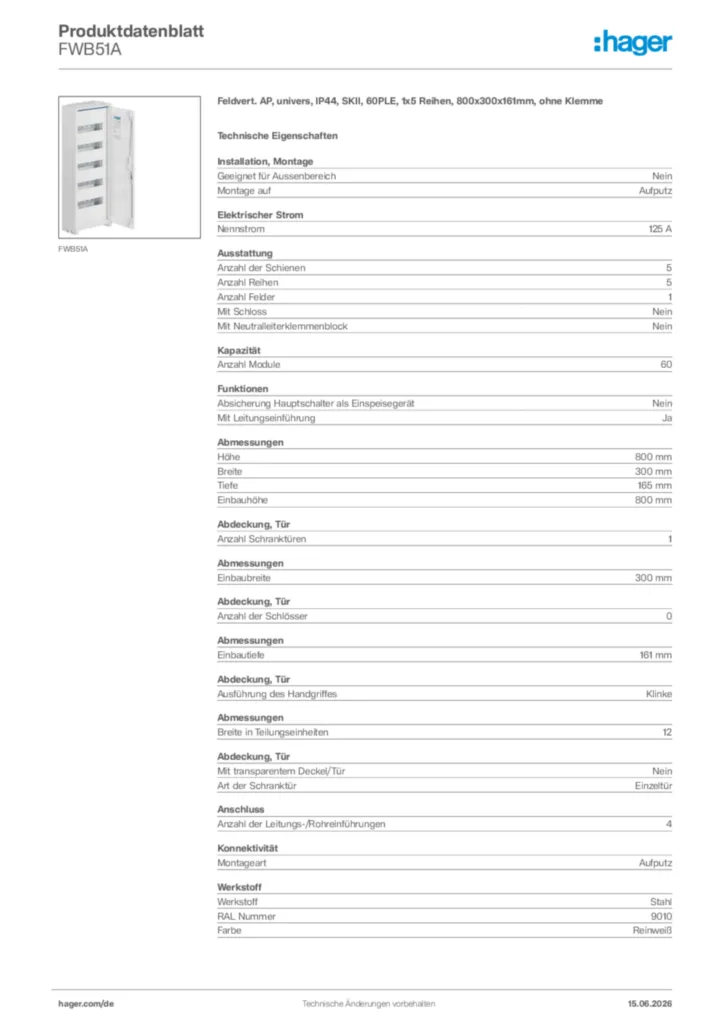 Bild Hager Produktdatenblatt FWB51A | Hager Deutschland
