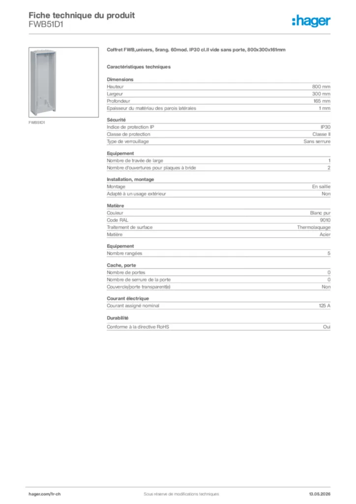 Image Hager Fiche technique du produit FWB51D1 | Hager Suisse