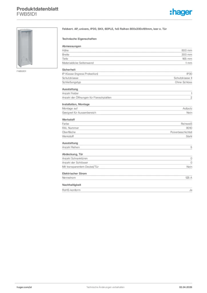 Bild Hager Produktdatenblatt FWB51D1 | Hager Deutschland