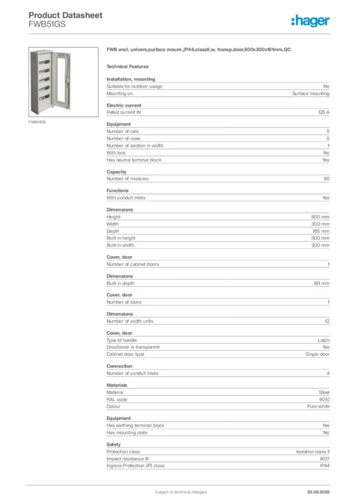 Image Hager Product data sheet FWB51GS  | Hager Africa