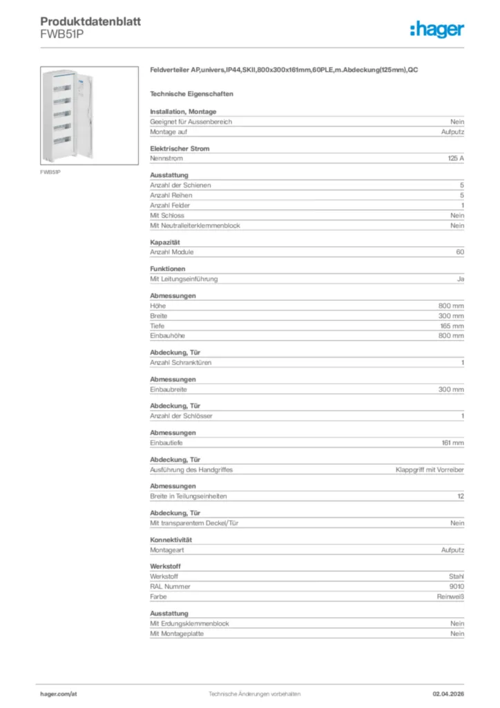 Bild Hager Produktdatenblatt FWB51P | Hager Deutschland