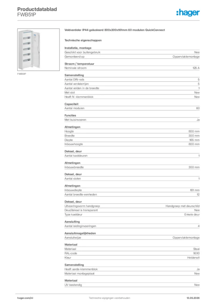 Afbeelding Hager Productdatablad FWB51P | Hager Nederland