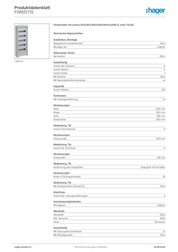 Bild Hager Produktdatenblatt FWB51T1S | Hager Schweiz