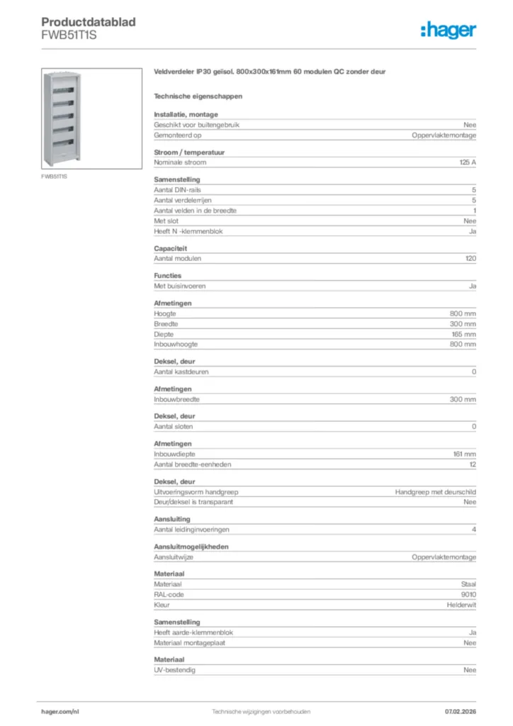 Afbeelding Hager Productdatablad FWB51T1S | Hager Nederland