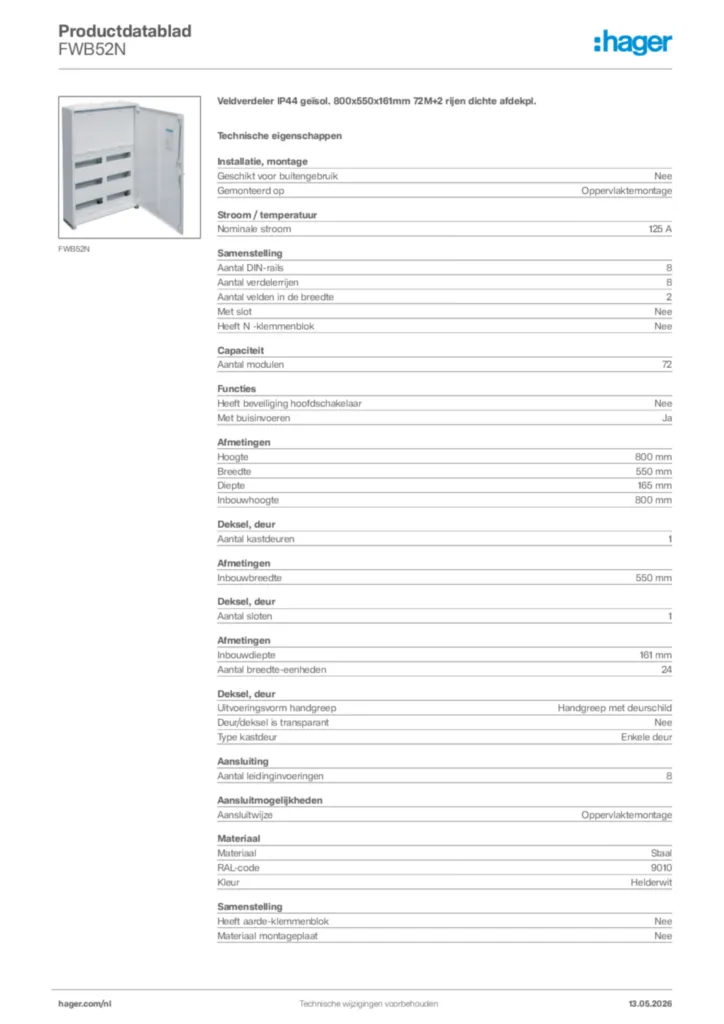 Afbeelding Hager Productdatablad FWB52N | Hager Nederland