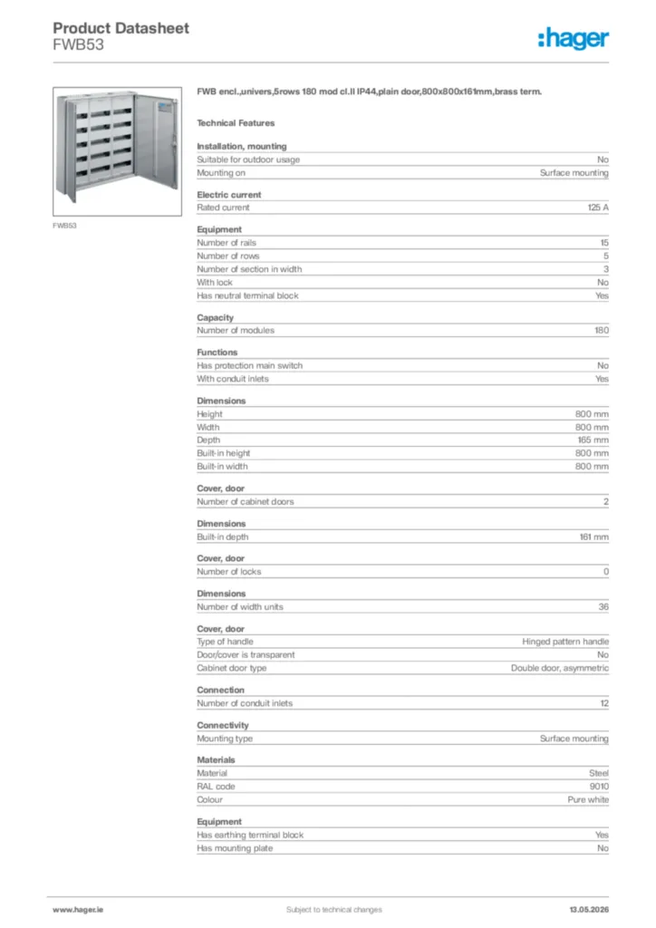 Image Hager Product data sheet FWB53  | Hager