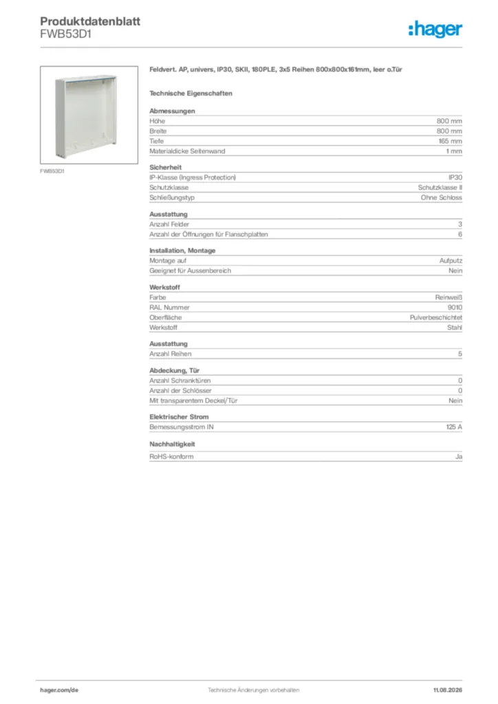 Bild Hager Produktdatenblatt FWB53D1 | Hager Deutschland