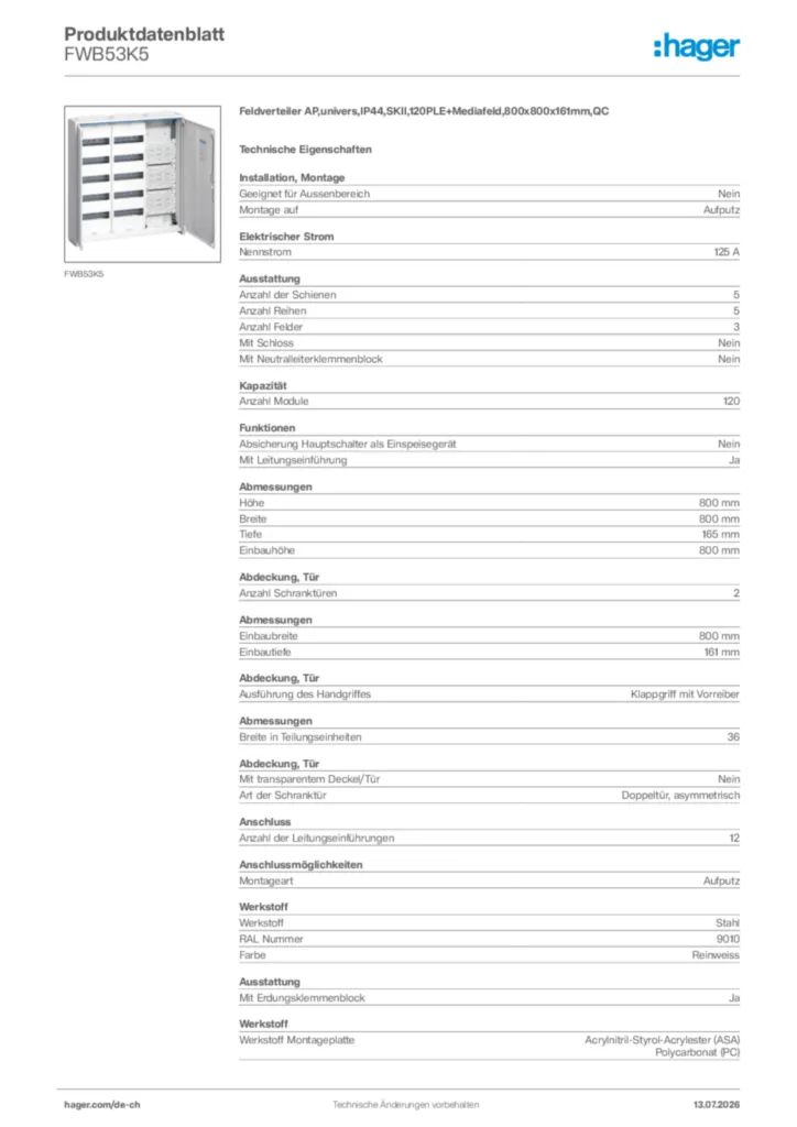 Bild Hager Produktdatenblatt FWB53K5 | Hager Schweiz