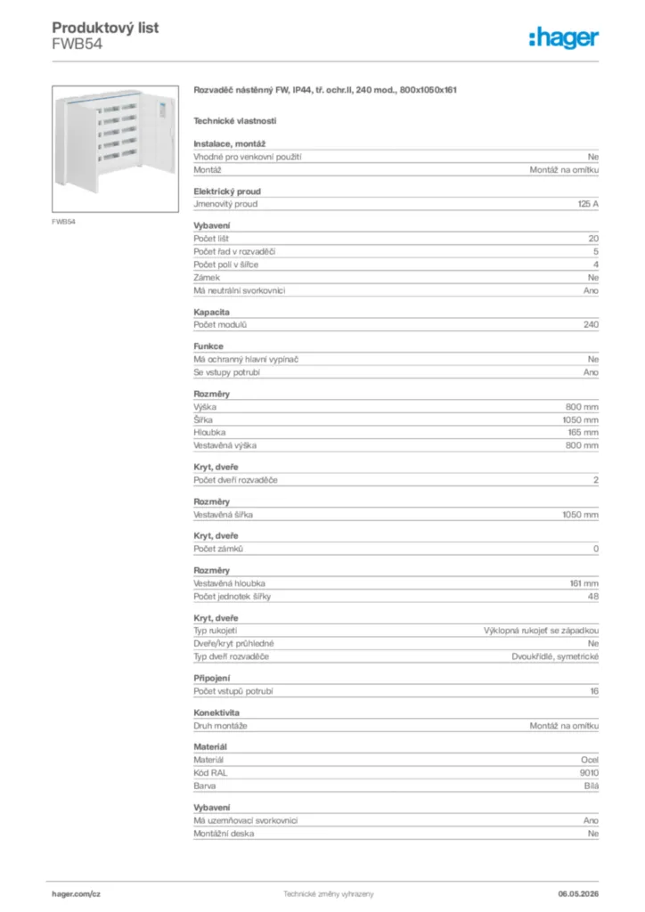 Obrázek Hager Product data sheet FWB54 | Hager