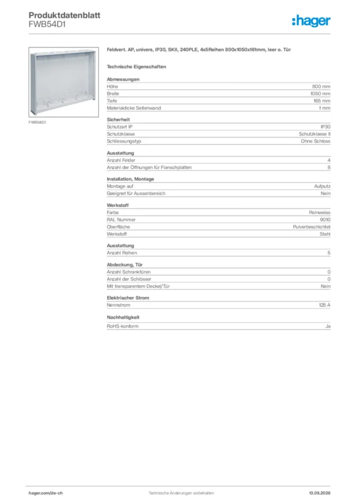 Bild Hager Produktdatenblatt FWB54D1 | Hager Schweiz