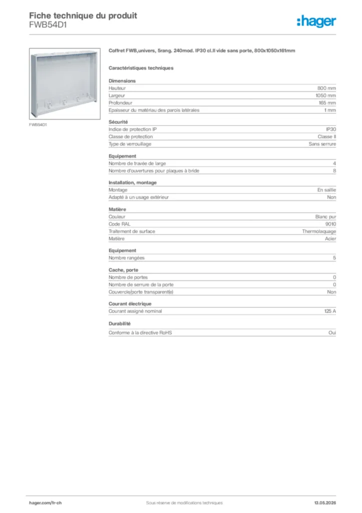 Image Hager Fiche technique du produit FWB54D1 | Hager Suisse