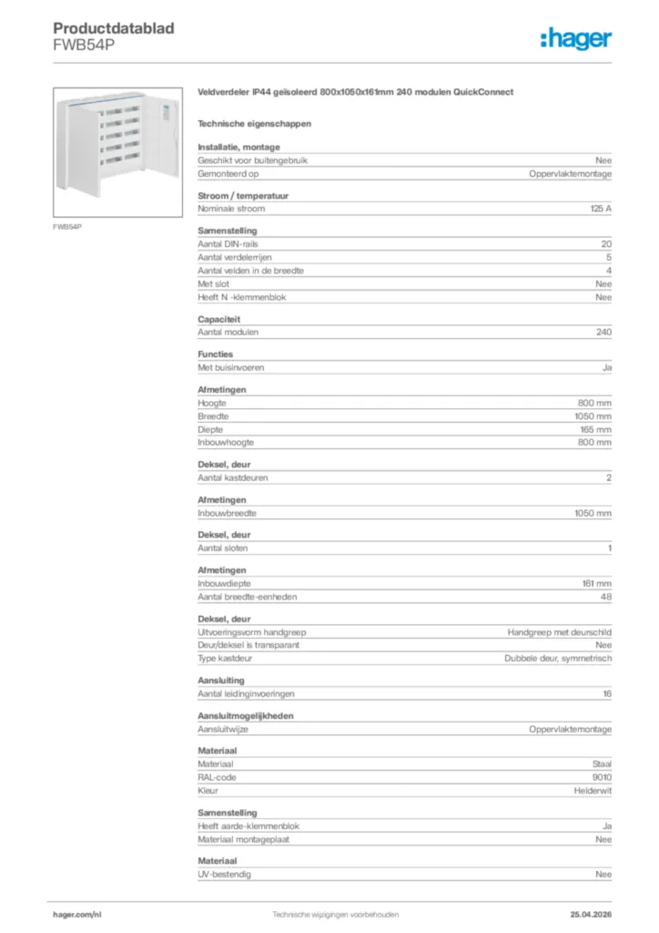 Afbeelding Hager Productdatablad FWB54P | Hager Nederland