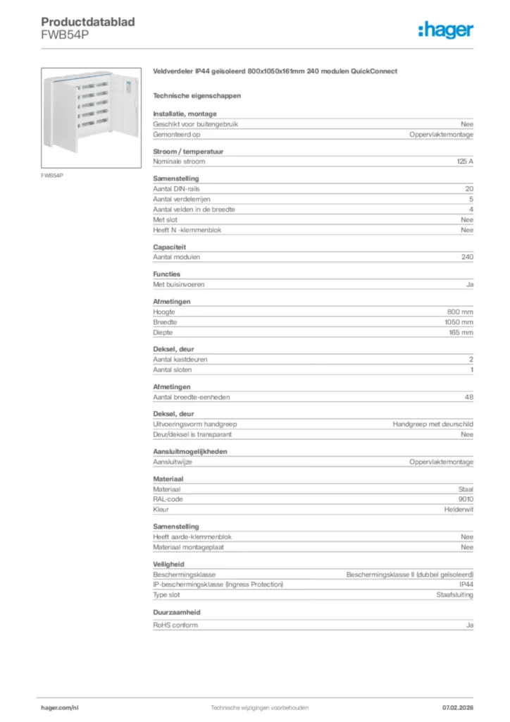 Afbeelding Hager Productdatablad FWB54P | Hager Nederland