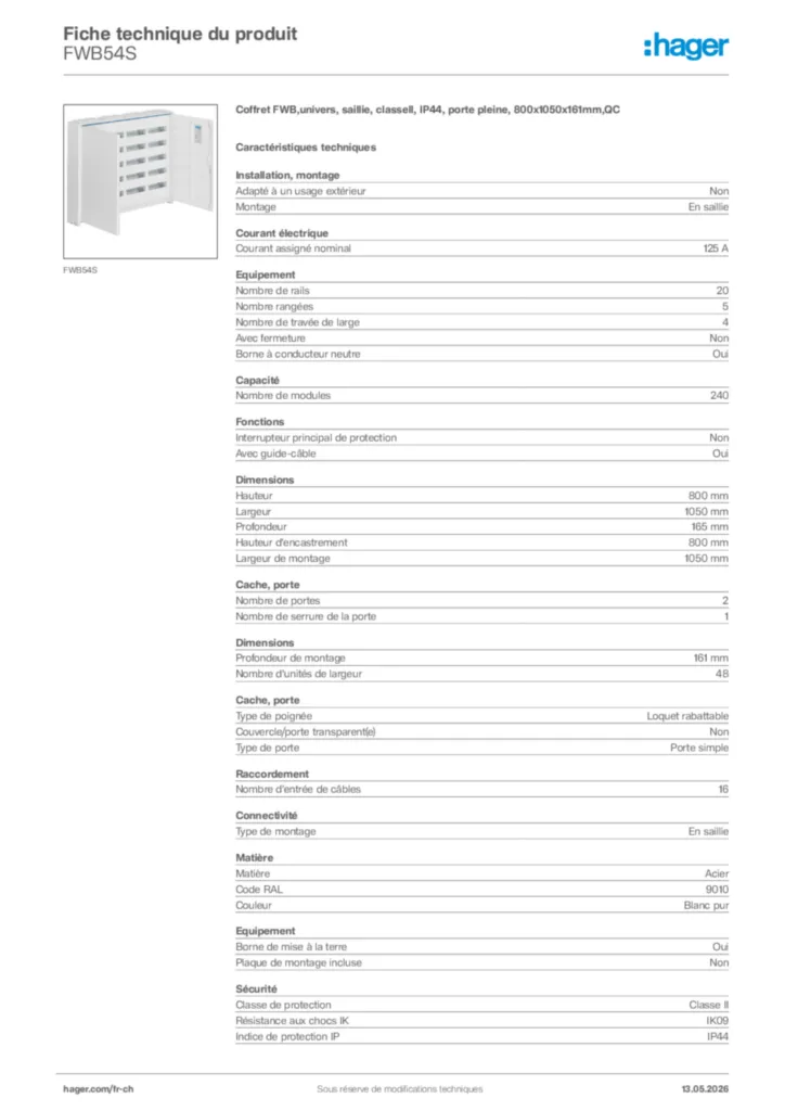Image Hager Fiche technique du produit FWB54S | Hager Suisse