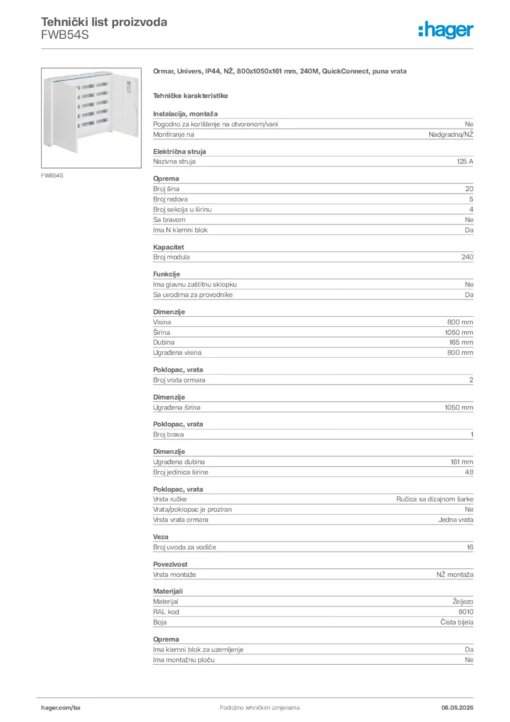 Slika Hager Tehnički list proizvoda FWB54S  | Hager