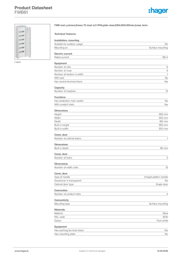 Image Hager Product data sheet FWB61  | Hager