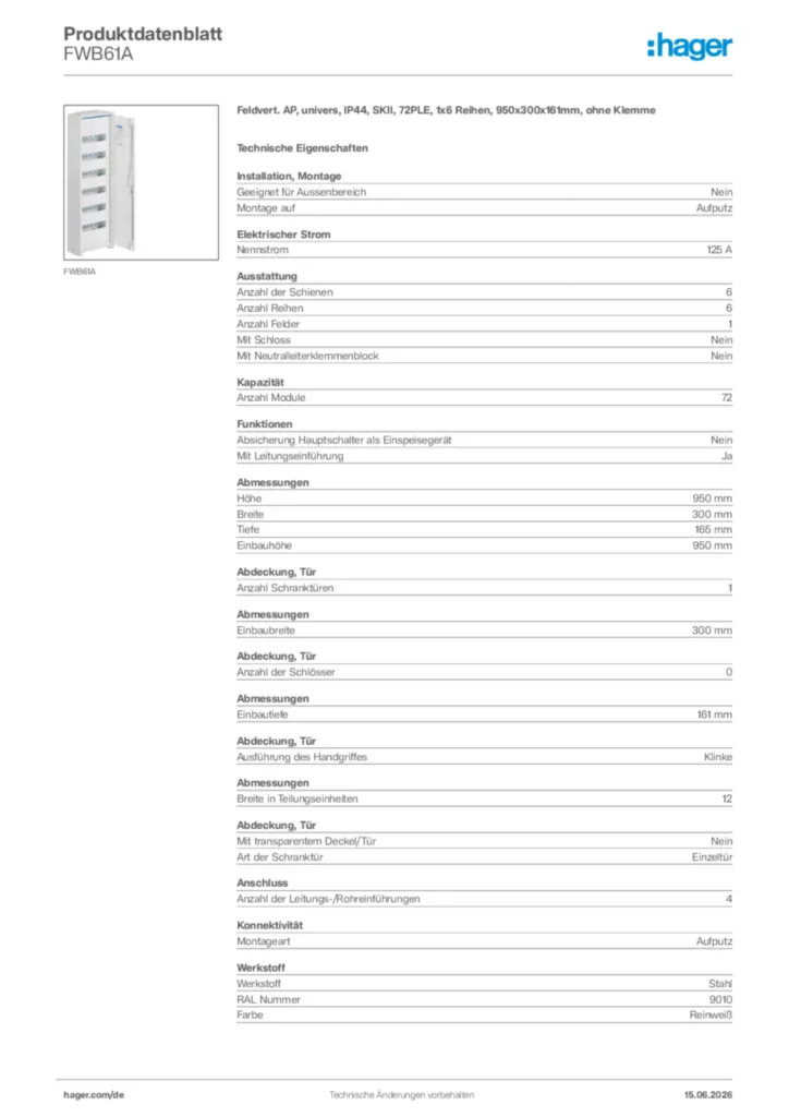 Bild Hager Produktdatenblatt FWB61A | Hager Deutschland