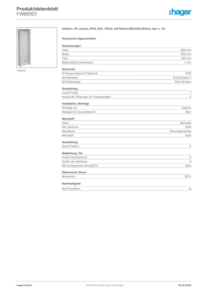 Bild Hager Produktdatenblatt FWB61D1 | Hager Deutschland