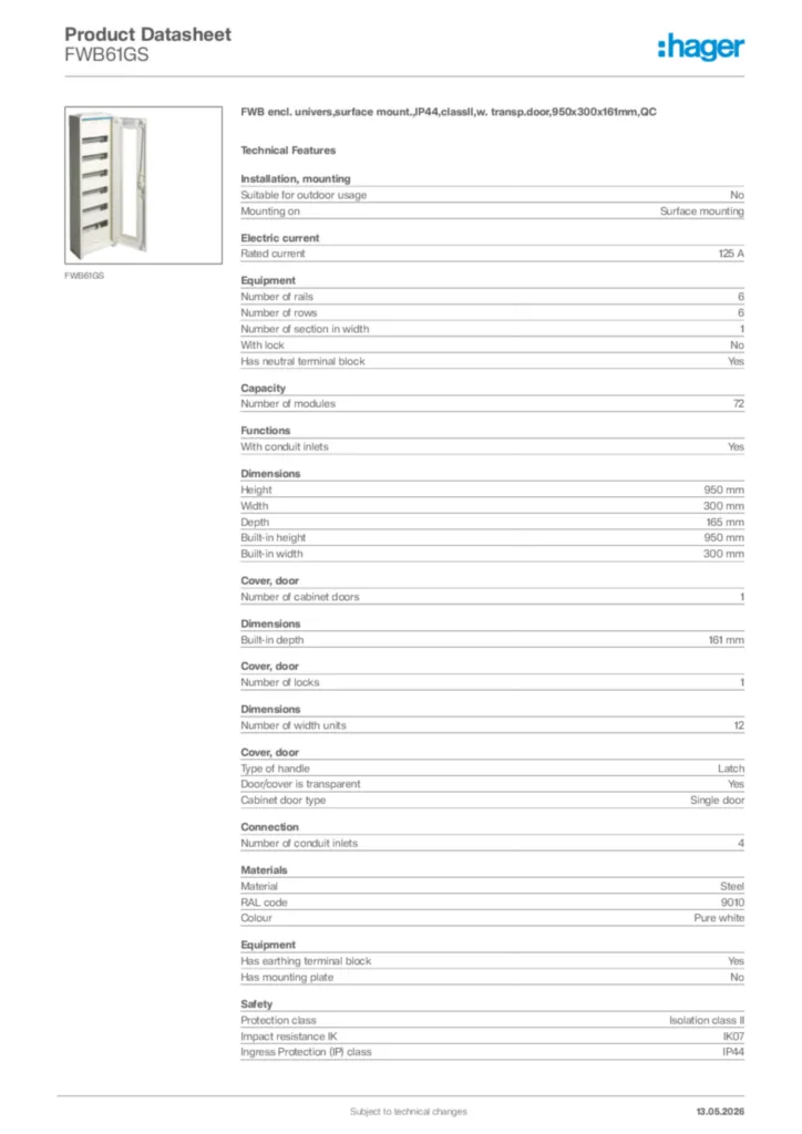 Image Hager Product data sheet FWB61GS  | Hager Africa