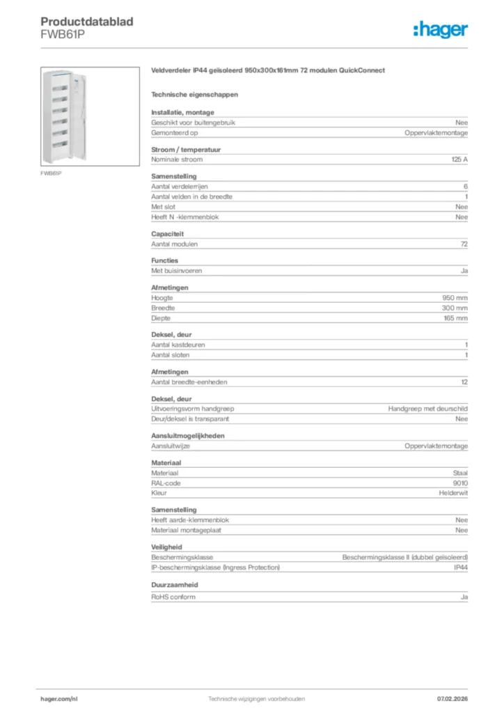 Afbeelding Hager Productdatablad FWB61P | Hager Nederland