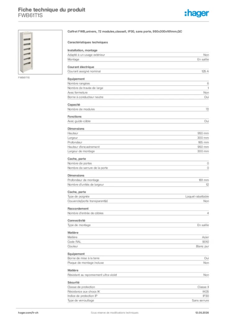 Image Hager Fiche technique du produit FWB61T1S | Hager Suisse