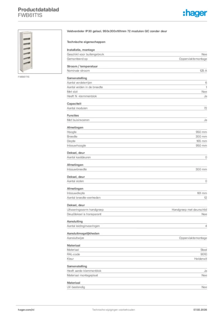 Afbeelding Hager Productdatablad FWB61T1S | Hager Nederland