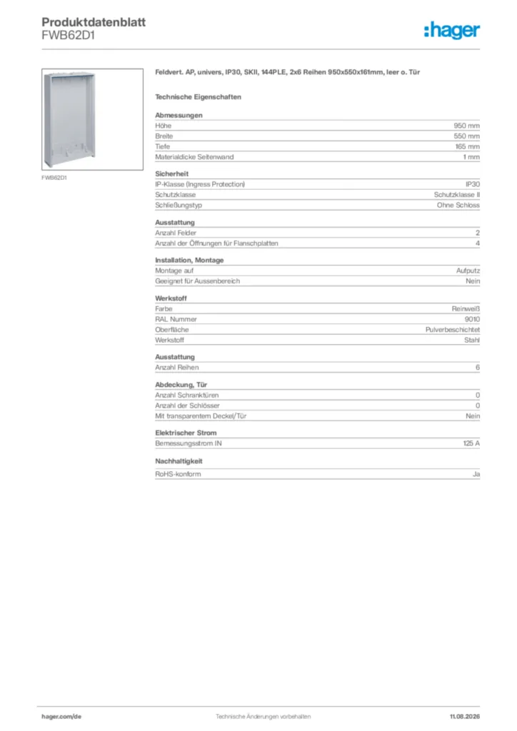 Bild Hager Produktdatenblatt FWB62D1 | Hager Deutschland