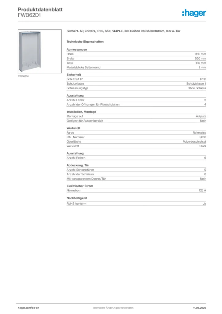 Bild Hager Produktdatenblatt FWB62D1 | Hager Schweiz