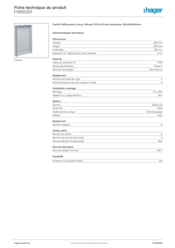Image Hager Fiche technique du produit FWB62D1 | Hager Suisse