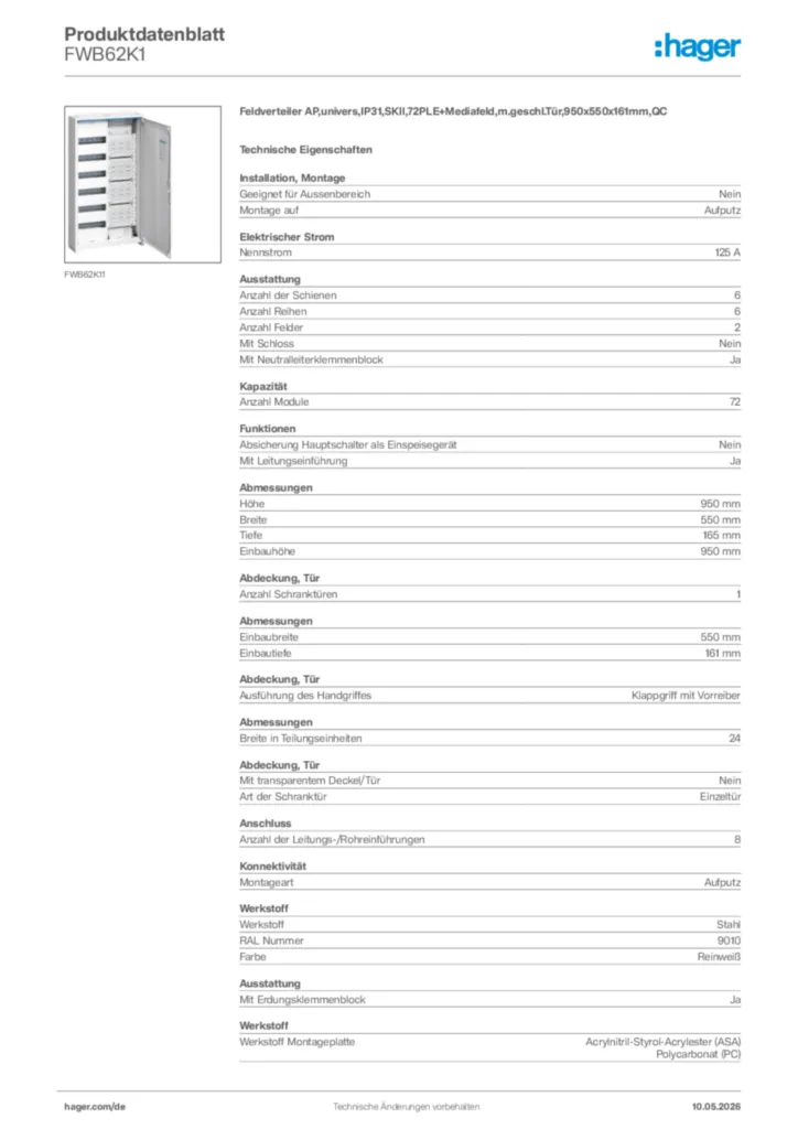 Bild Hager Produktdatenblatt FWB62K1 | Hager Deutschland